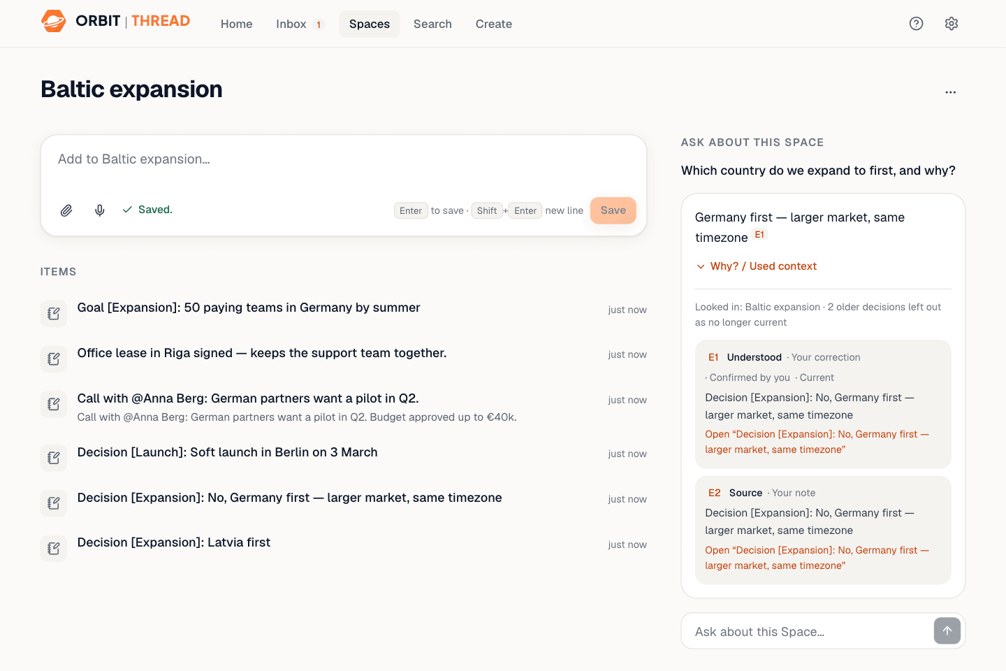 Thread answering a question with numbered citations to the user’s own notes